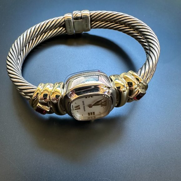 David Yurman 2 Row Cable Gold Quartz Garnet Sterling Silver Gold Trim - Picture 3 of 12